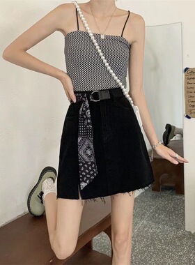 丝巾拼帆布双环扣设计感半身裙连衣裙布腰带百搭时尚牛仔裤配饰女