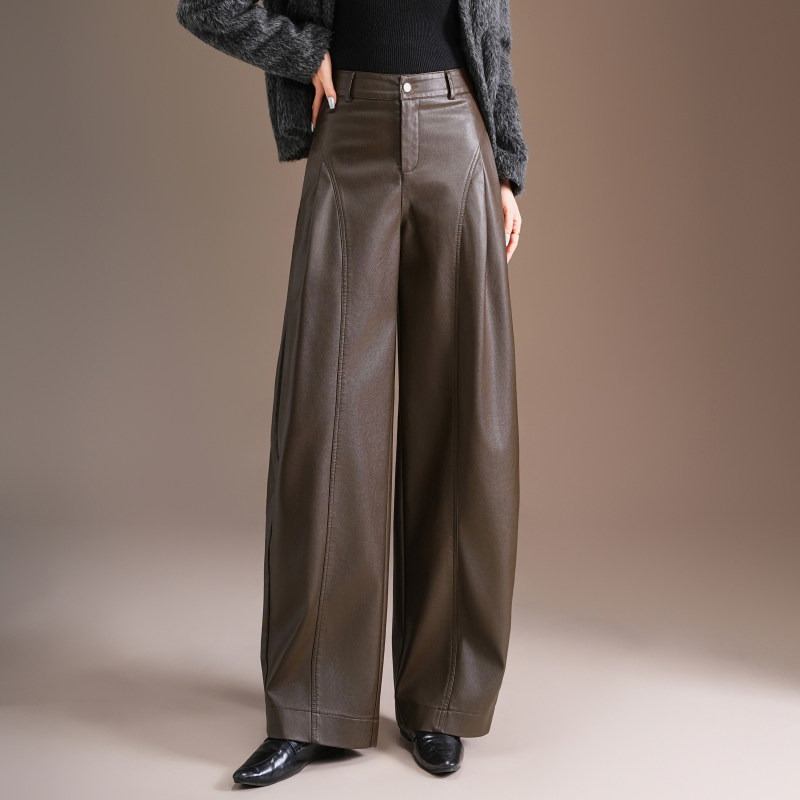时尚弯刀裤女皮裤秋冬新款洋气香蕉裤宽松显瘦绵羊皮休闲直筒长裤,淘宝优惠券,粉丝福利购,淘宝优惠卷