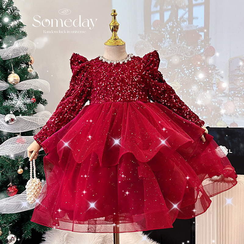 女童公主裙秋冬高端小女孩加绒亮片连衣裙儿童洋气新年红色拜年服,淘宝优惠券,粉丝福利购,淘宝优惠卷