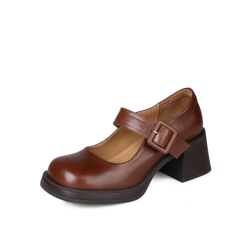 2025春夏新款真皮厚底复古浅口玛丽珍鞋女粗跟松糕底圆头擦色单鞋 - 图3