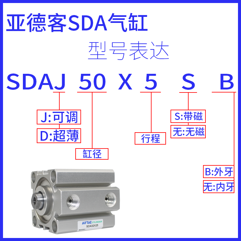 SDA16X5X25X30X35X40X45X50S亚德客原装薄型气缸带磁无磁内牙外牙 - 图1