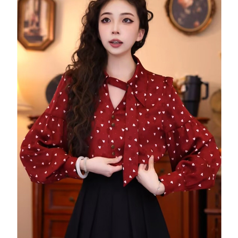 法系飘带印花衬衫女长袖打底春chic复古港风别致上衣红色独特小衫