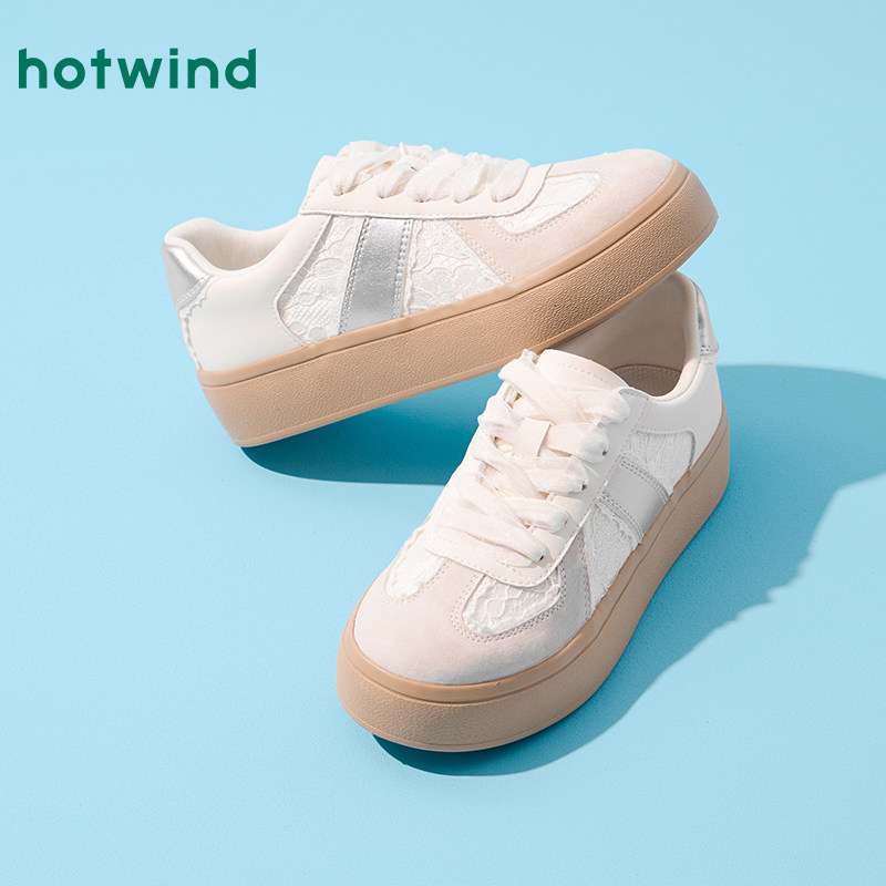 热风厚底德训鞋女款2026年春秋新款经典百搭小白鞋蕾丝拼接休闲鞋,淘宝优惠券,粉丝福利购,淘宝优惠卷