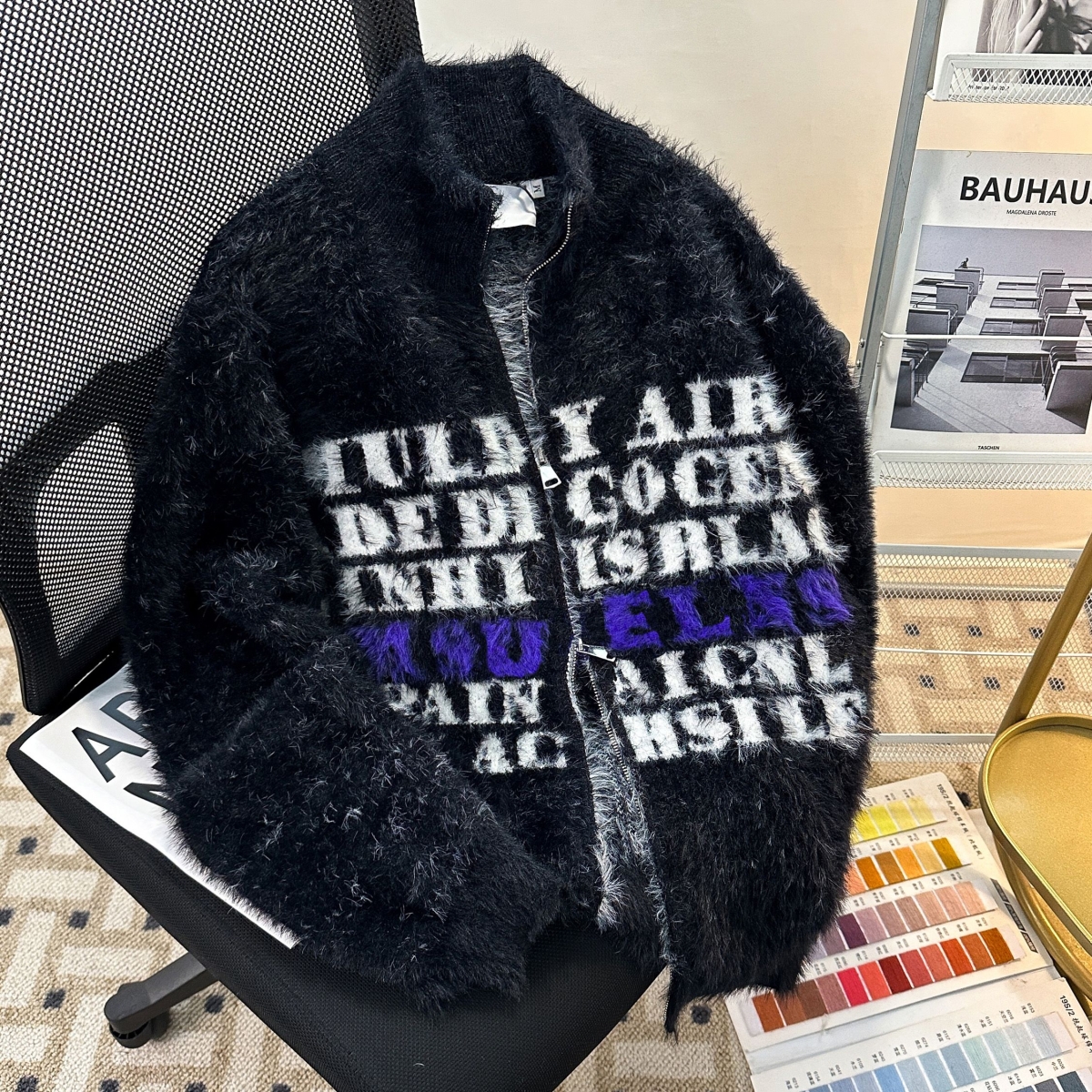 美式复古字母提花开衫毛衣针织衫男女慵懒风秋冬款情侣外套ins - 图2