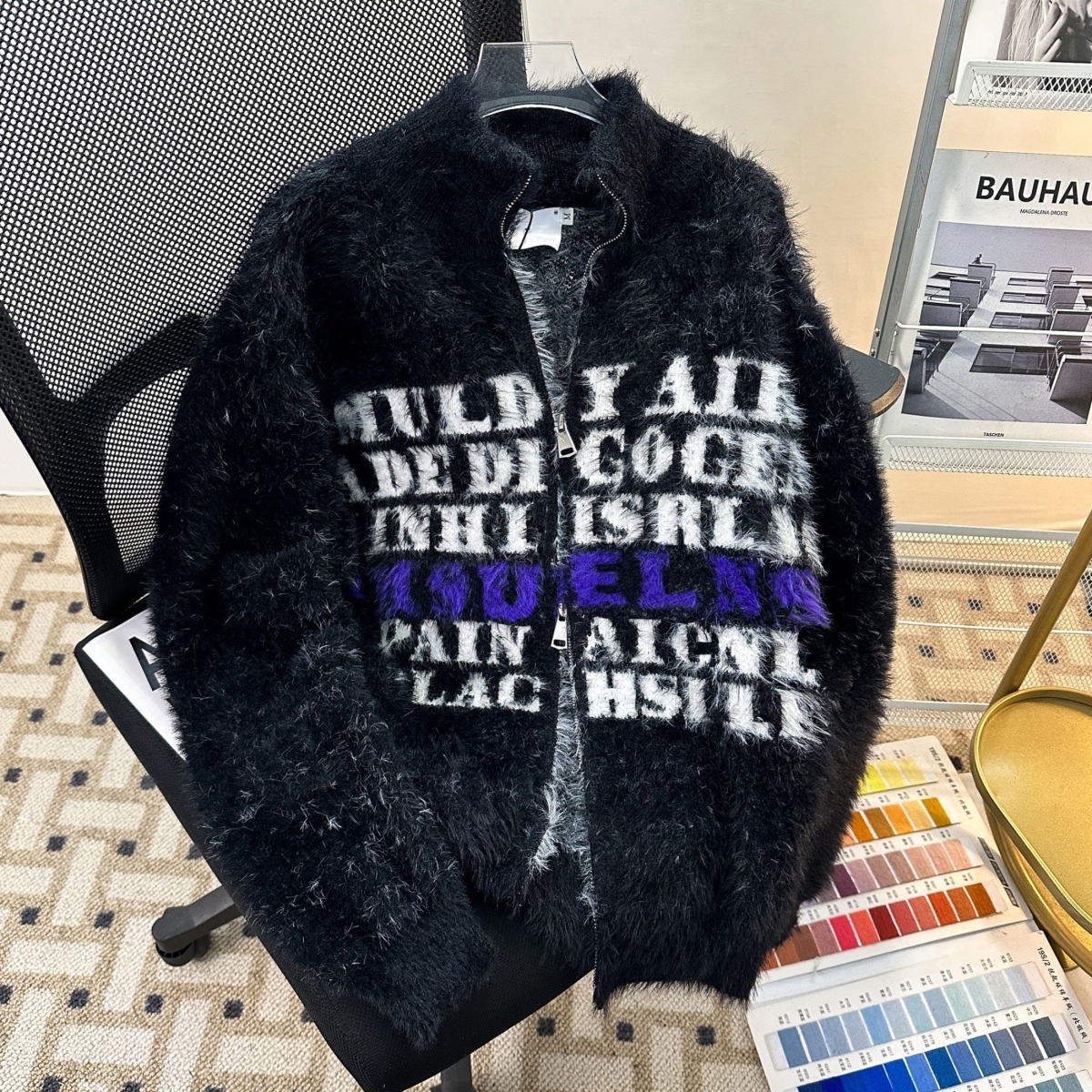 美式复古字母提花开衫毛衣针织衫男女慵懒风秋冬款情侣外套ins - 图0