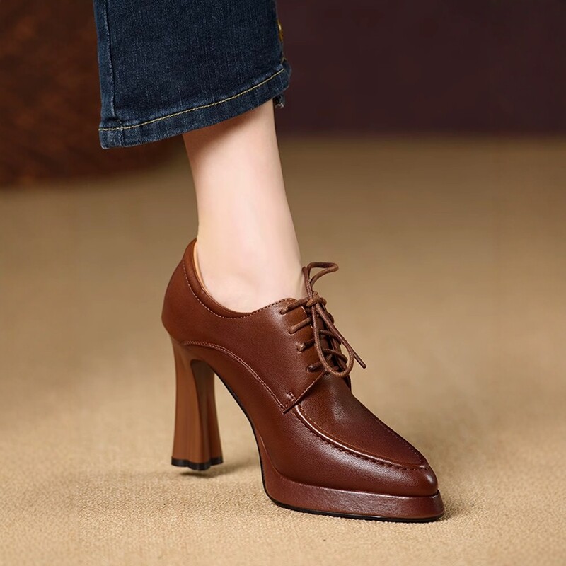 手工女鞋10cm2025年秋冬新款防水台真皮单鞋尖头系带高跟鞋子纯色,淘宝优惠券,粉丝福利购,淘宝优惠卷