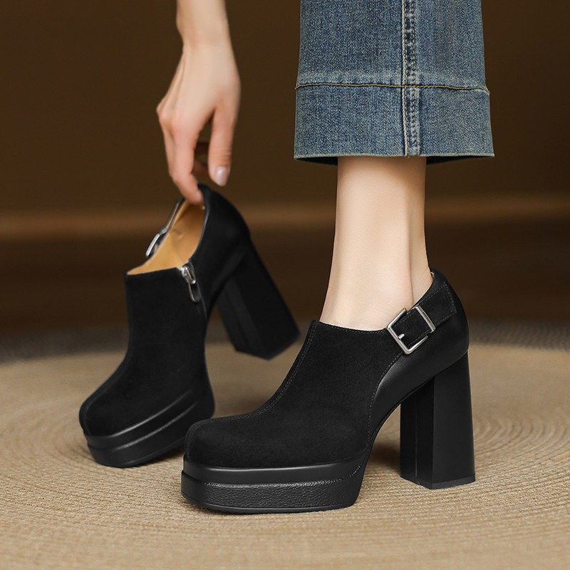 10cm超高跟防水台单鞋女真皮粗跟增高厚底显瘦百搭深口扣带高跟鞋,淘宝优惠券,粉丝福利购,淘宝优惠卷