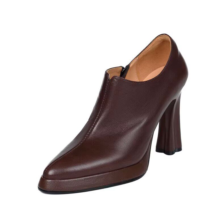 10cm手工高跟女鞋2025年秋冬新款防水台真皮单鞋尖头拉链粗跟纯色,淘宝优惠券,粉丝福利购,淘宝优惠卷