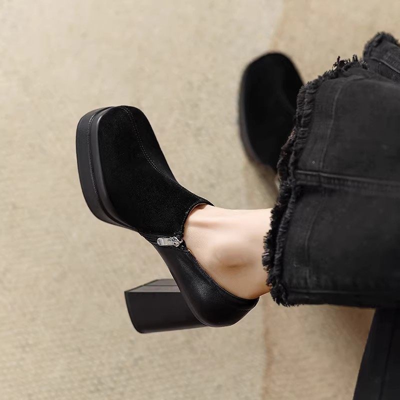 巨舒服高跟厚底防水台深口单鞋春季新款方头粗跟一脚蹬增高皮带扣,淘宝优惠券,粉丝福利购,淘宝优惠卷