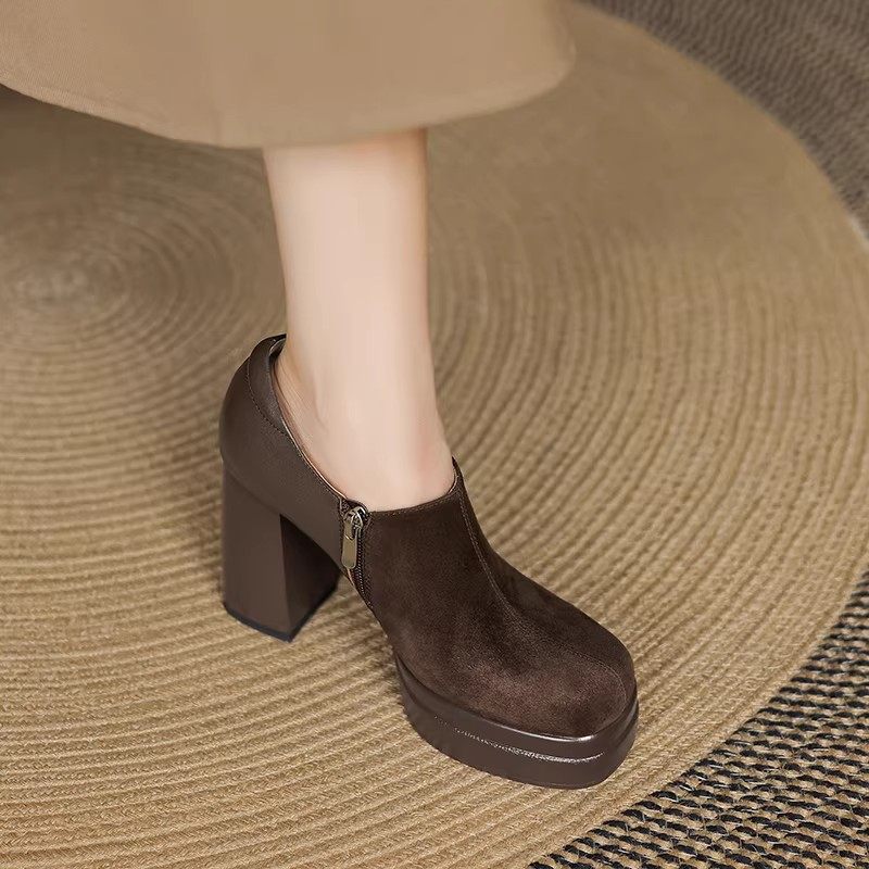 10cm超高跟防水台单鞋女真皮粗跟增高厚底显瘦百搭深口扣带高跟鞋,淘宝优惠券,粉丝福利购,淘宝优惠卷