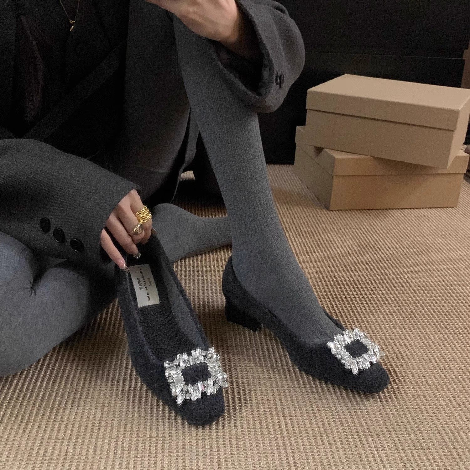 小香风方头浅口单鞋女2025新款秋冬季通勤加绒中高跟玛丽珍毛毛鞋,淘宝优惠券,粉丝福利购,淘宝优惠卷