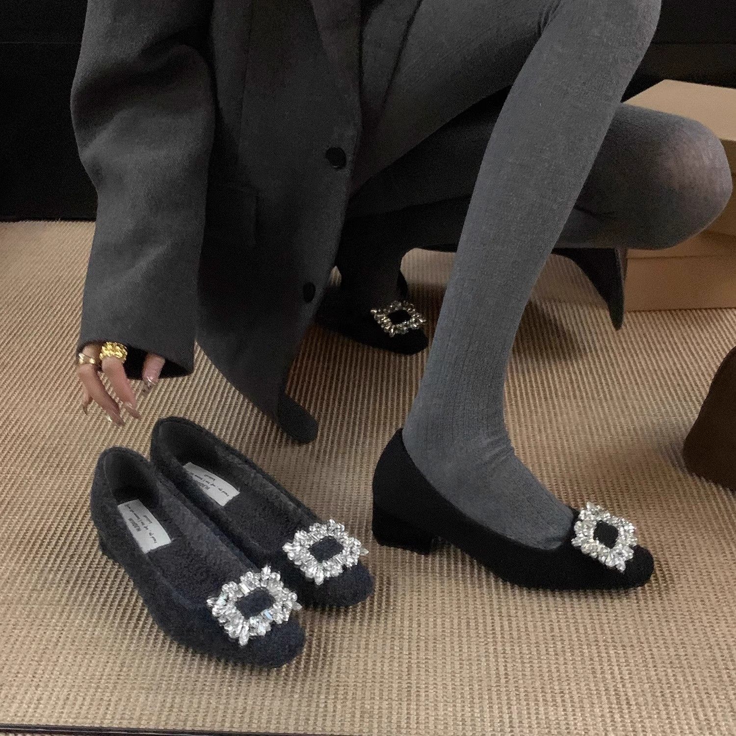 小香风方头浅口单鞋女2025新款秋冬季通勤加绒中高跟玛丽珍毛毛鞋,淘宝优惠券,粉丝福利购,淘宝优惠卷