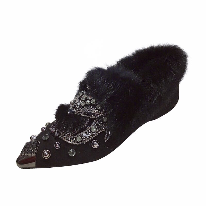2025冬季欧洲站新款狐狸头毛毛单鞋女外穿保暖棉鞋子水钻尖头铆钉,淘宝优惠券,粉丝福利购,淘宝优惠卷
