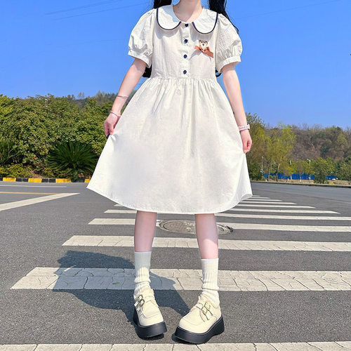女孩12岁洋气连衣裙夏季学院风小清新短袖裙子15初中女生韩版宽松 - 图1