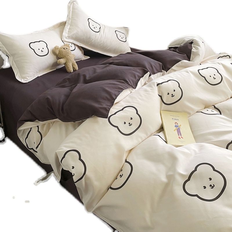 北欧简约卡通小熊床上四件套水洗棉床单被套罩学生寝室宿舍三件套