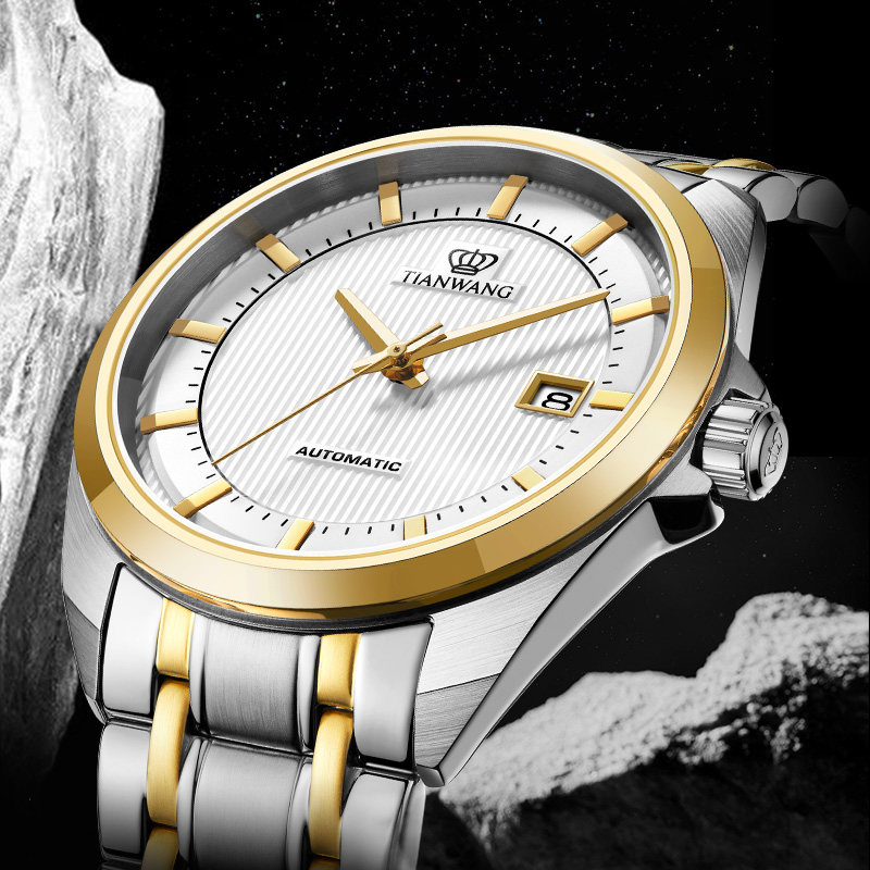 天王表男士机械表单日历手表经典商务防水钢带金圈男表送长辈