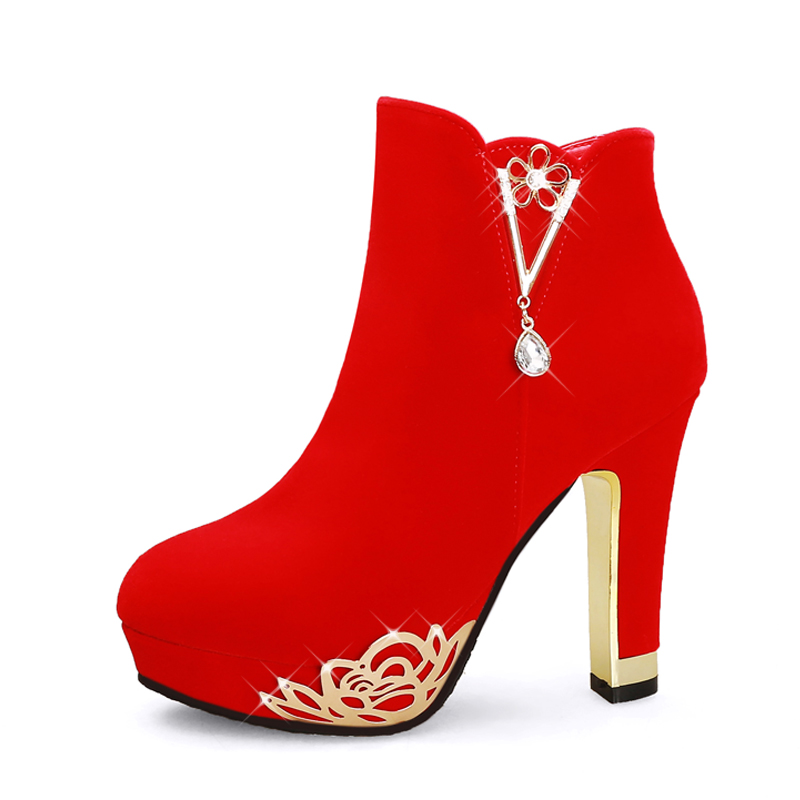 冬季婚鞋女2023年新款红色高跟结婚靴子粗跟秀禾服红鞋新娘鞋冬天