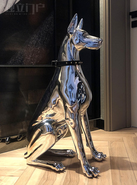 独立门户原创欧式轻奢电镀杜宾犬客厅动物大型落地玻璃钢装饰摆件