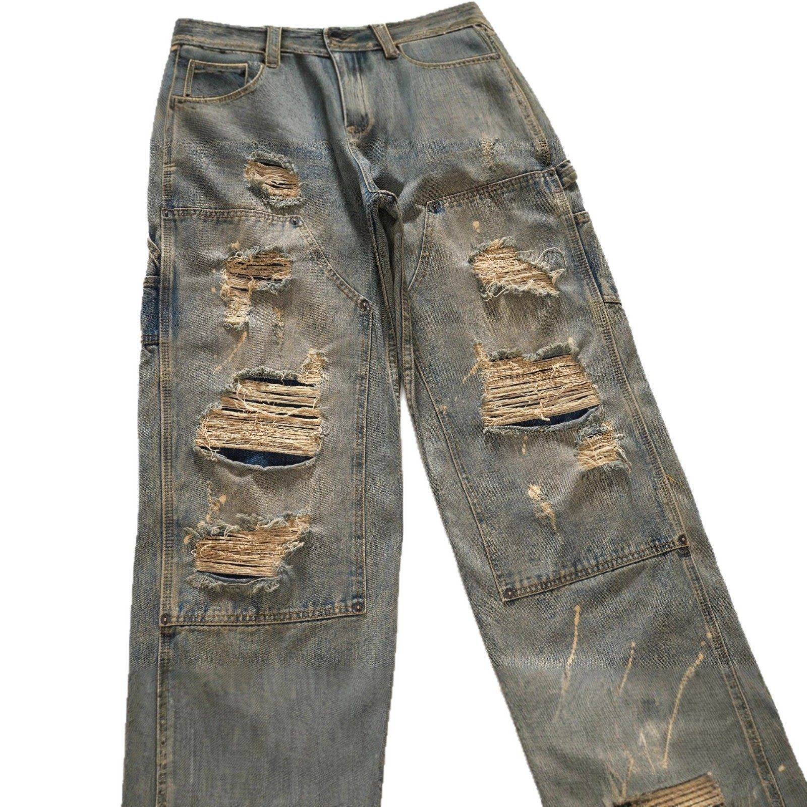 美式高街复古破洞牛仔裤男潮牌痞帅拼接设计做旧宽松阔腿直筒长裤,淘宝优惠券,粉丝福利购,淘宝优惠卷