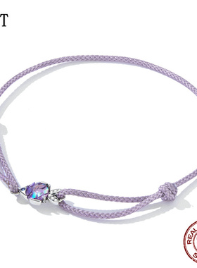 时尚S925纯银款趣味小鱼紫色手绳手链 夏日海洋风可调节手饰品女