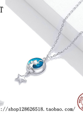 月亮猫咪纯银欧美蓝色滴油项链