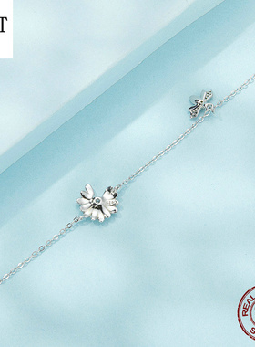 新款绿色滴油精致雏菊蜜蜂手链 春季小清新s925纯银高端幸运手链