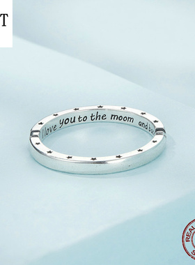 原创刻字星月戒指男女 冷淡风925纯银不对称星星月亮指环字母手饰