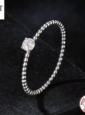 【送证书】百搭精致珠圈莫桑石叠搭戒指s925纯银莫桑钻简约指环女