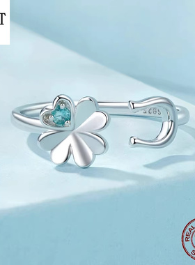 原创四叶草U型马蹄铁开口个性戒指s925纯银花朵饰品女首饰配饰品