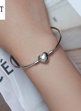 新款心形月光石基础手镯配件 可单戴爱心S925纯银心形串珠细手链