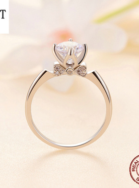 【送证书】闪耀一克拉莫桑石婚戒女 气质奢华s925银镀白金戒指