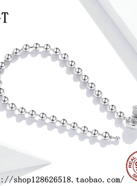新款S925纯银圆珠手链男女欧美简约风镀白金手饰品时尚个性奢华