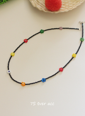 tver jewelry黑晶石头混色花朵项链 925 纯银配件锁骨链