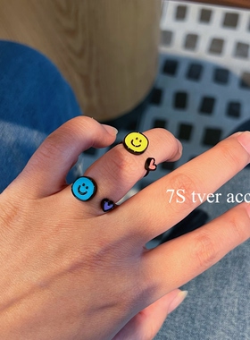 韩国进口撞色童趣元气笑脸开口戒指 指环 好心情