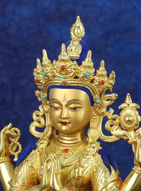 观世音菩萨佛像摆件精工纯铜鎏金佛堂居家供奉藏传家用四臂观音像