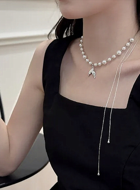 法式复古珍珠鱼尾吊坠项链轻奢