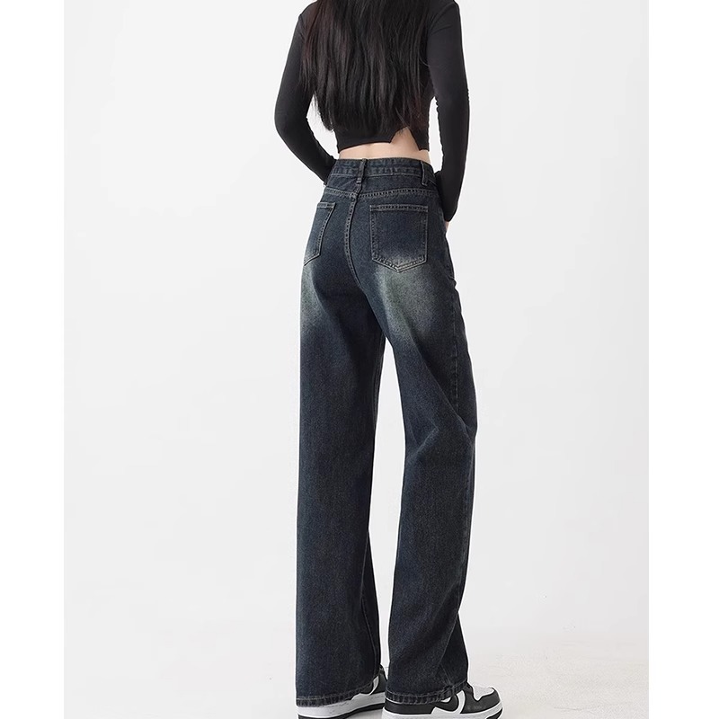 蓝灰色阔腿牛仔裤女高腰秋季新款大码显瘦梨形身材胖mm宽松直筒裤 - 图1