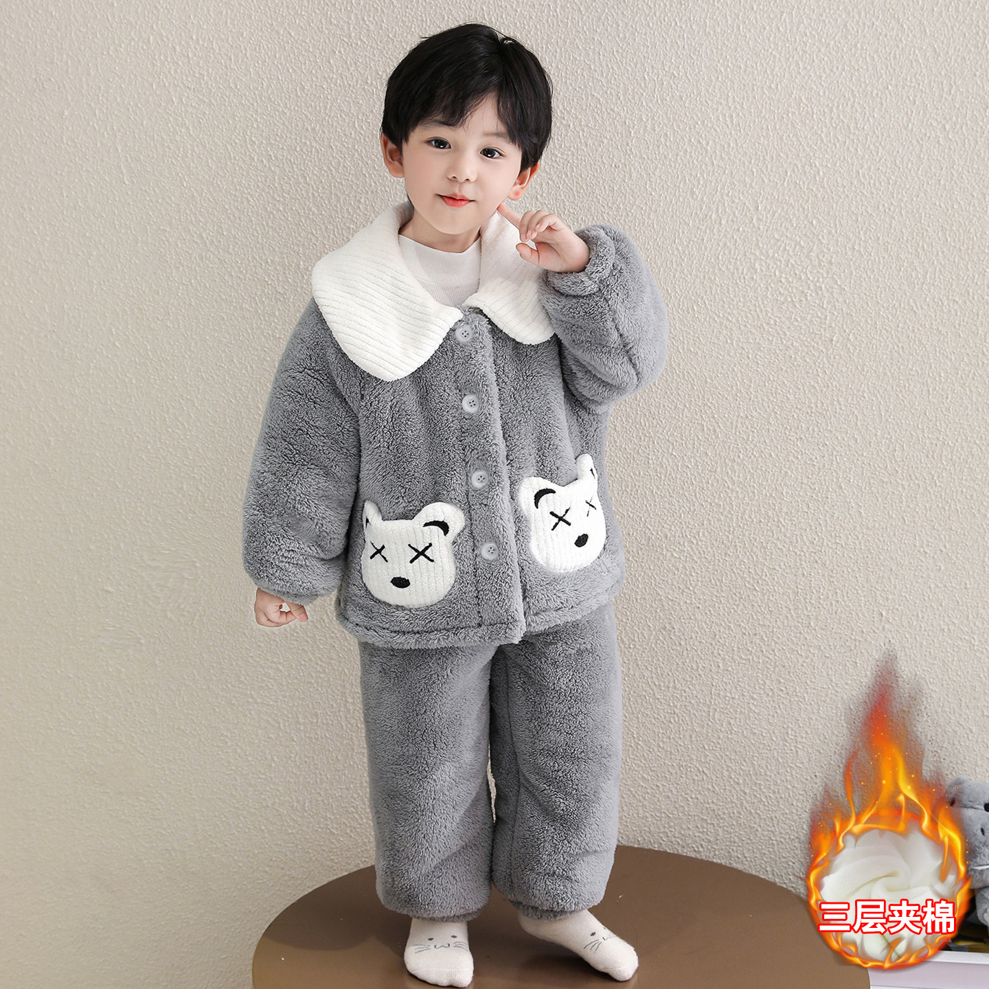 男童睡衣秋冬季雪肤绒翻领夹棉开衫套装儿童珊瑚绒加厚保暖家居服,淘宝优惠券,粉丝福利购,淘宝优惠卷