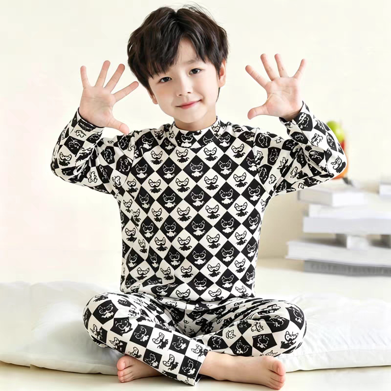 DeRong Warm Children's Home Clothing Underwear Set for Big Children Autumn and Winter Long Sleeve Pajamas for Boys and Girls Bottoming Autumn Clothes