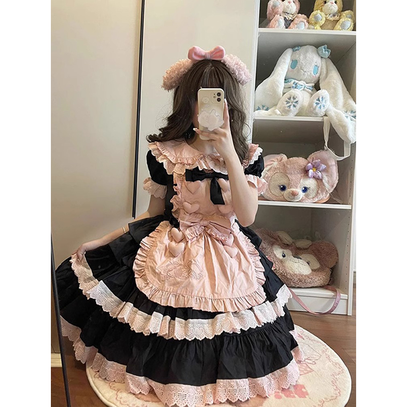 【全款现货】黑粉lolita连衣裙女甜美日系洛丽塔蓬蓬公主裙套装-图1