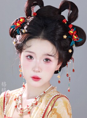 原创清和红色汉服发饰套装