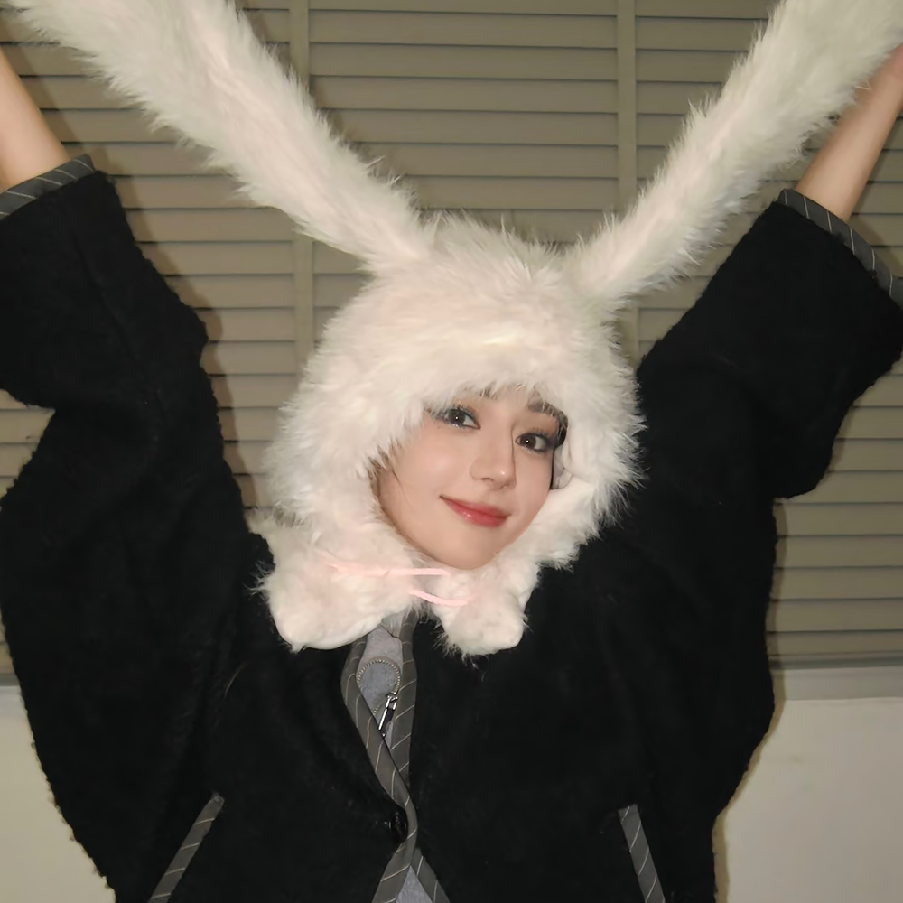 迪丽热巴同款毛绒邦尼兔耳朵保暖护耳套头帽女秋冬季帽子围巾一体,淘宝优惠券,粉丝福利购,淘宝优惠卷