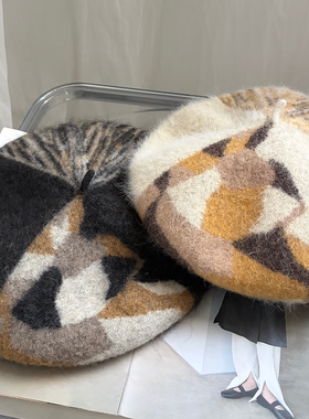 日系三花猫咪毛呢贝雷帽子女秋冬