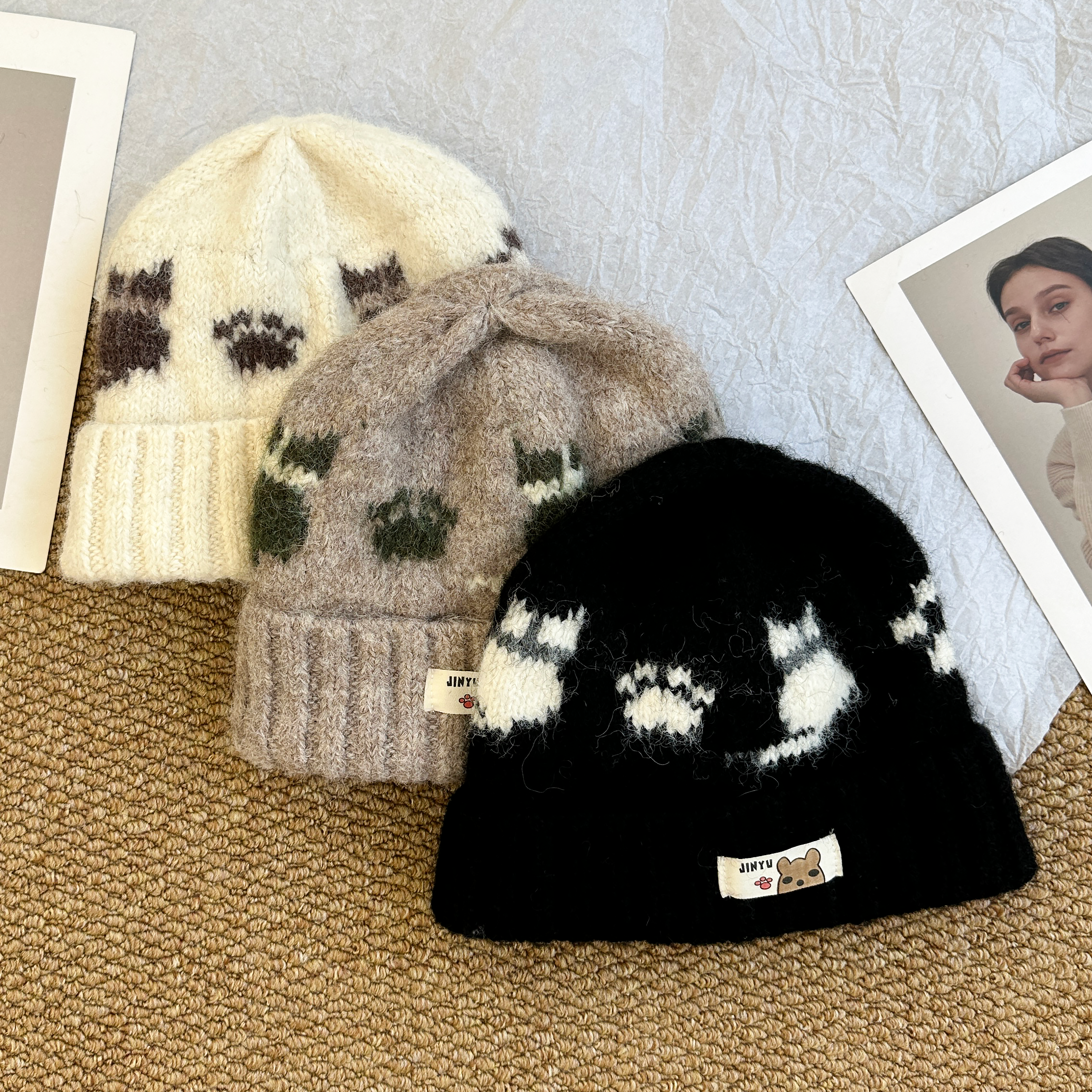日系可爱猫咪毛绒针织毛线帽子女2025秋冬新款休闲百搭显脸小冷帽,淘宝优惠券,粉丝福利购,淘宝优惠卷