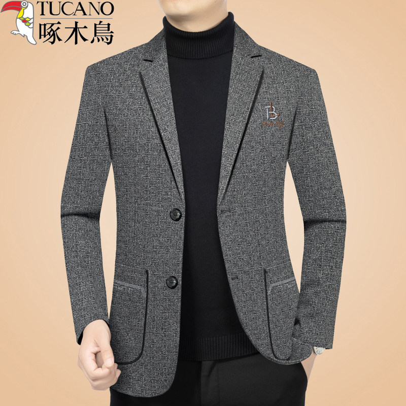 啄木鸟正品休闲西装外套男士2026春秋新款中年高级感西服秋冬上衣