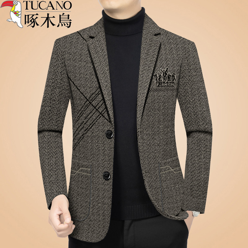 啄木鸟正品休闲西装外套男士2026春秋新款中年高级感西服秋冬上衣