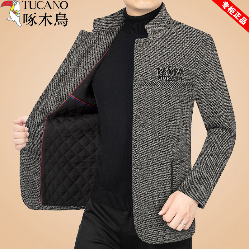 啄木鸟毛呢夹克外套男秋冬季新款高端中年休闲加绒爸爸装春秋上衣