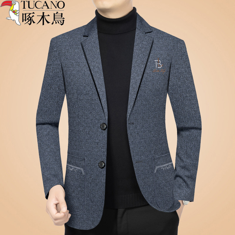 啄木鸟正品休闲西装外套男士2026春秋新款中年高级感西服秋冬上衣