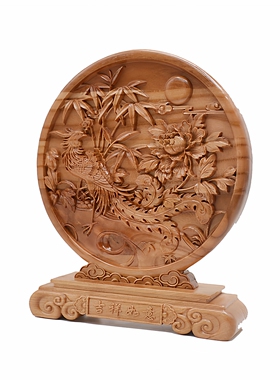天然桃木精雕圆盘摆件凤凰与牡丹的诗意邂逅配精美礼盒