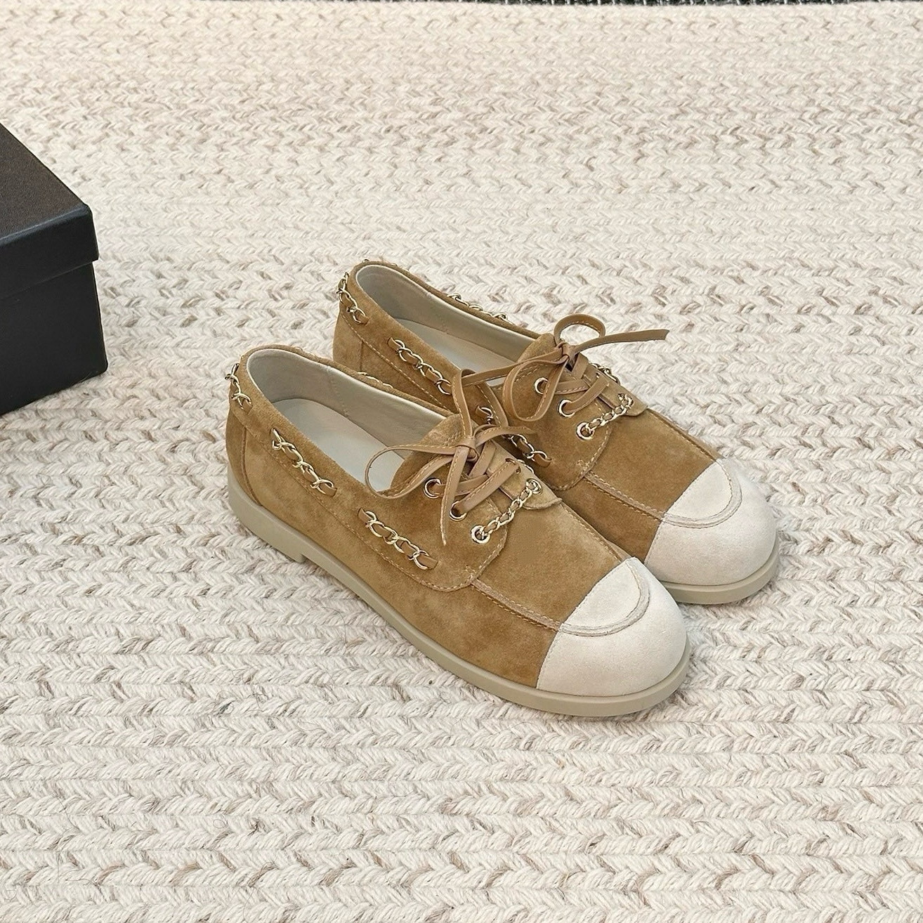 小香风乐福鞋女真皮链条系带平底单鞋春秋新款拼色休闲时尚豆豆鞋,淘宝优惠券,粉丝福利购,淘宝优惠卷